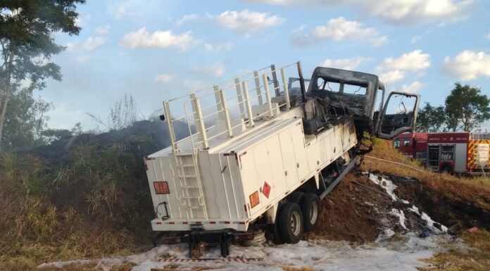 Caminhão tanque transportando combustível sai da pista, atinge barranco e pega fogo na SP-294