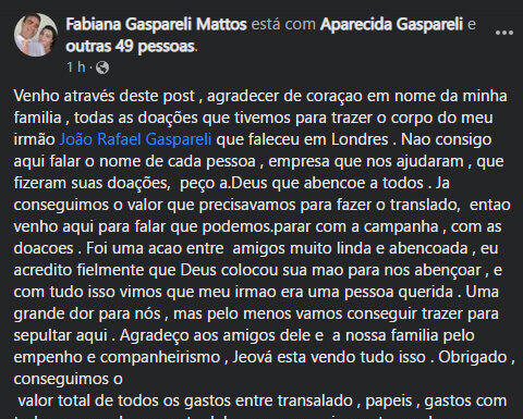 Familiares de João Rafael Gaspareli agradecem a solidariedade da população Reprodução Facebook
