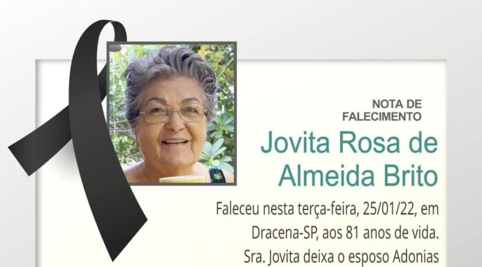 Jovita Rosa de Almeida Brito falece aos 81 anos Cedida VidaPrev