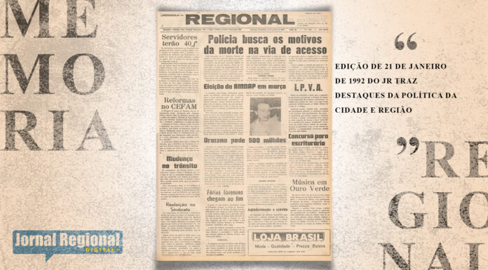 Edição de 21 de janeiro de 1992 do JR traz destaques da política da cidade e região