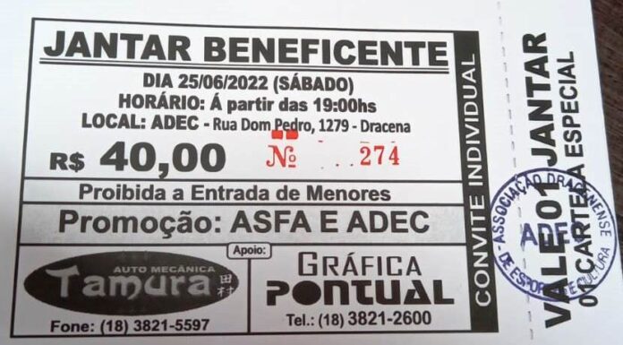 Jantar Beneficente será realizado no dia 25 de junho