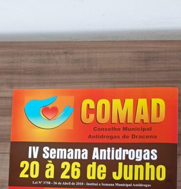 Semana Municipal Antidrogas será promovida PELO Comad a partir de segunda que vem