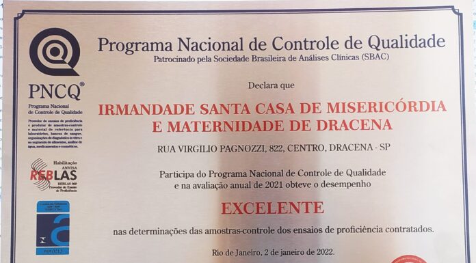 Selo de qualidade excelente para o laboratório da Santa casa de Dracena Reprodução Facebook