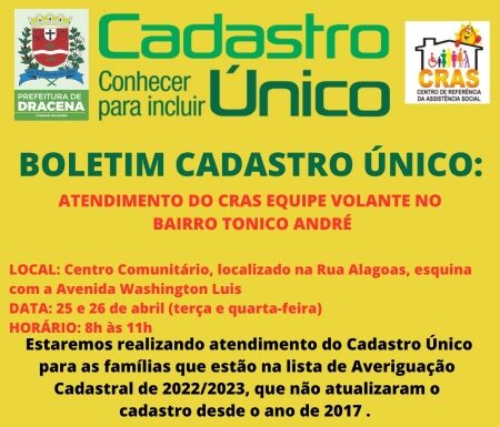 CRAS Volante fará atendimento no bairro Tonico André na próxima terça e quarta-feira