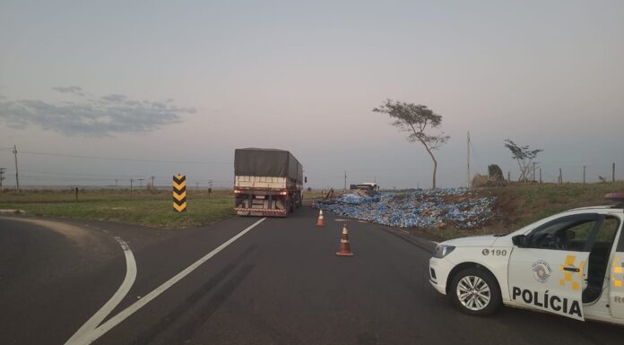 Caminhão tomba e espalha carga de cervejas na rodovia SP-613 em Rosana