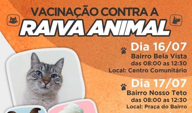 Atenção bairros Bela Vista, Nosso Teto e Derocy de Panorama para a Vacinação contra a raiva em Cães e Gatos!!!