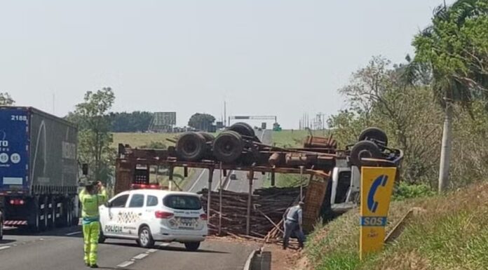Caminhão carregado com toras de eucalipto tomba e interdita trecho da Rodovia Raposo Tavares, em Presidente Prudente