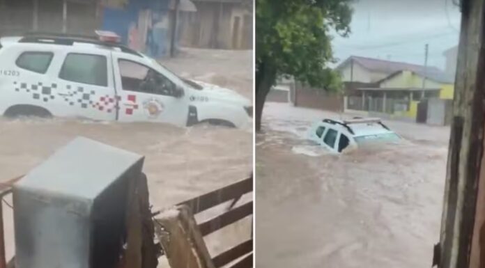 Forte chuva arrasta viatura da Polícia Militar e deixa idoso desaparecido em Martinópolis